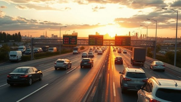 Texas highway scene at sunset with vehicles and gas prices.