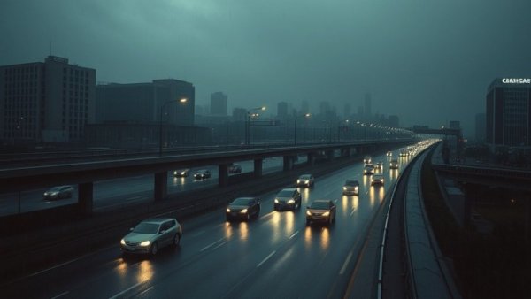 Texas winter weather preparation shown on a rainy highway at night.