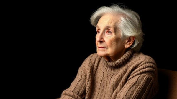 Elderly woman in a sweater looking contemplative about healthy aging and sleep.
