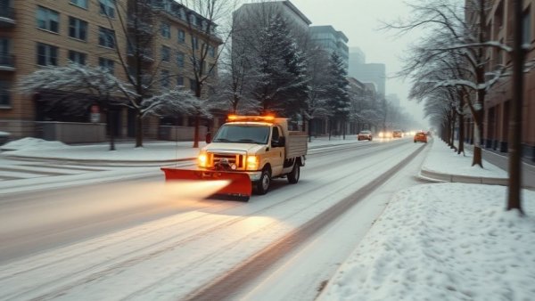 Snowplow truck clearing snowy road in urban setting.
