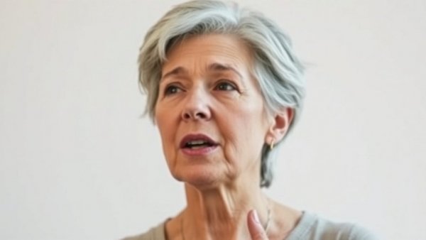 Middle-aged woman speaking swiftly, blurred effect.