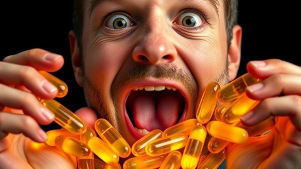 Man surprised by cod liver oil benefits for brain health, holding capsules.