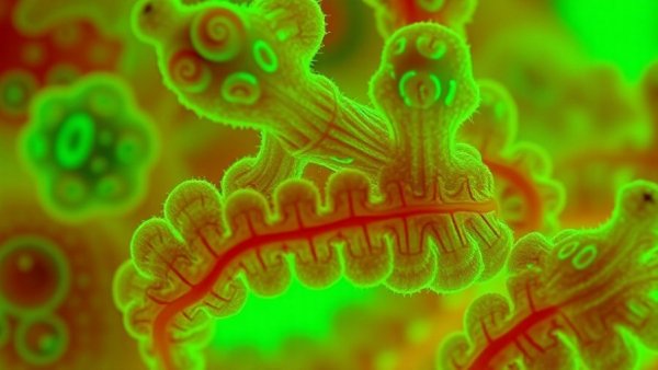 Fluorescent green cellular structures showing THC benefits in HIV treatment.