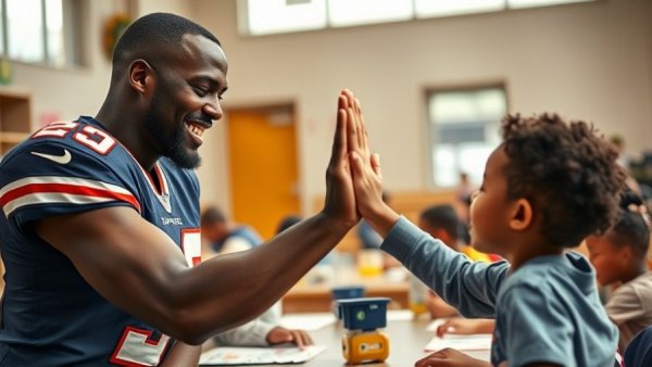 NFL player inspires a child with a high-five, believe in yourself NFL theme.
