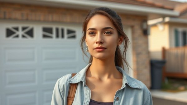 Woman standing outdoors by a garage, soft sunlight.