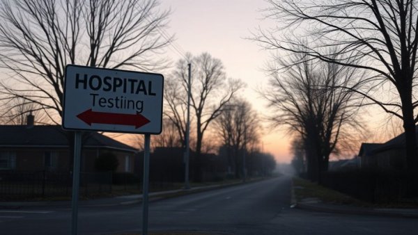 Hospital signage at dusk with measles testing sign reflecting US measles elimination status.