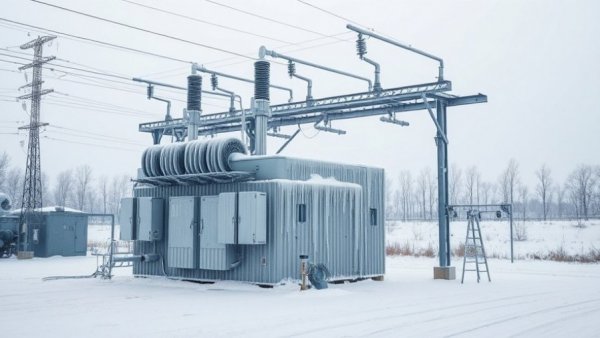 Frozen electrical substation during Texas winter storm preparation.