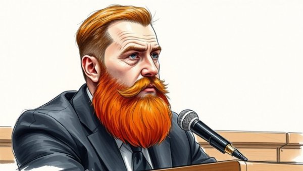 Courtroom sketch of a red-bearded man discussing privacy in legal setting.