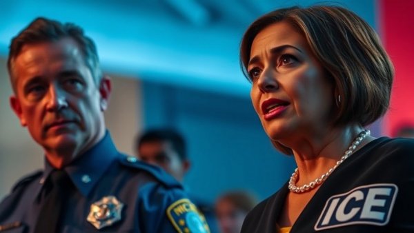 ICE officer and female speaker discussing homeland security updates.