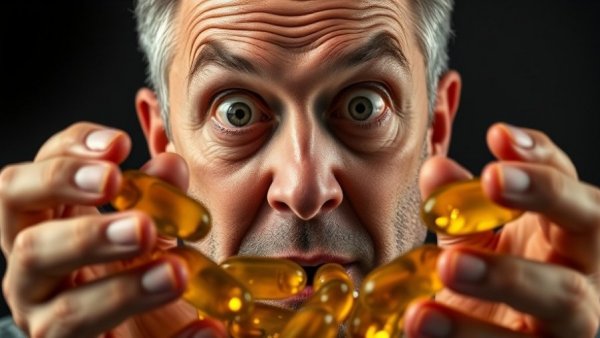 Surprised man with cod liver oil capsules highlighting brain health benefits.