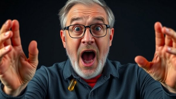 Surprised man holding cod liver oil capsules, highlighting benefits for brain health.