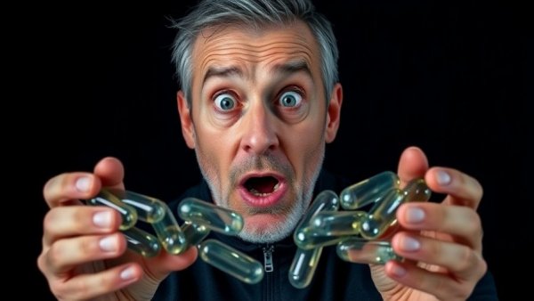 Man holding large omega-3 capsules with surprised expression, best omega-3 for brain health.