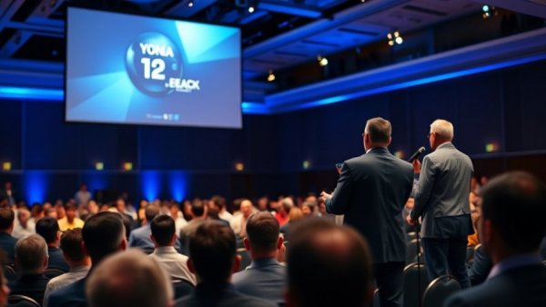 Conference speaker on screen addressing large audience, US news updates.