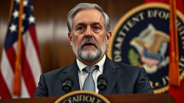 Middle-aged man at podium discussing Trump investigations, flags in background.