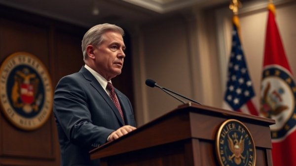 Man at podium discussing Ukraine Peace Deal Updates, flag backdrop.