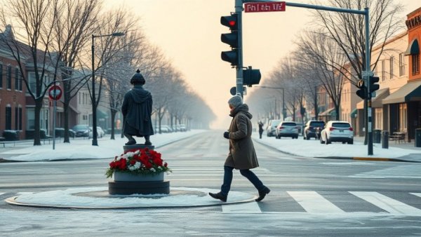 Winter street scene with memorial, pedestrian crossing, Renee Good private autopsy reference.