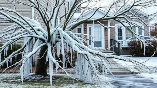 Icy tree fallen in residential area, freeze preparation importance