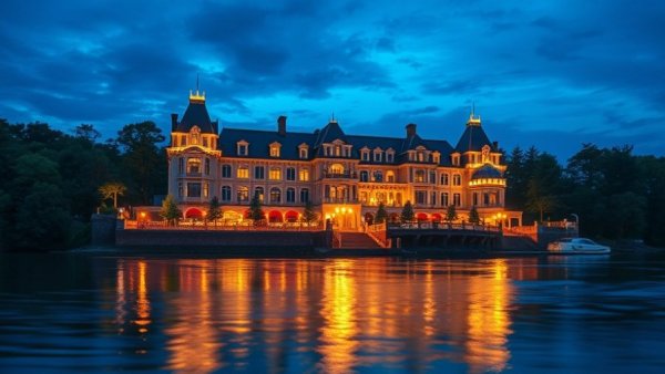 Luxurious riverside hotel lit up in the evening, perfect for Valentine's Day events in San Antonio.