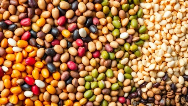 Colorful lentils display showcasing heart healthy foods.