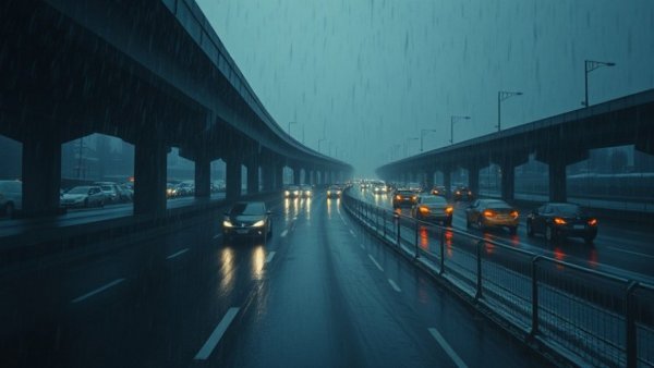 Texas highway during winter storm with cars and rainy conditions.