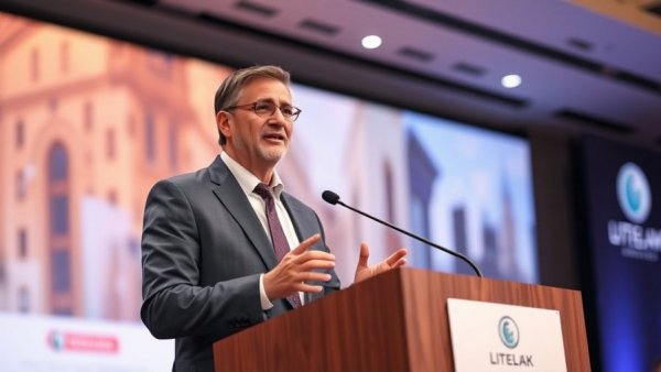 Dallas economic development event with businessman speaking at podium.