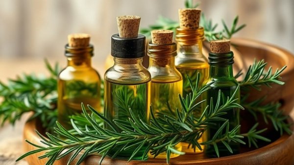 Aromatic bottles of essential oils with rosemary, showcasing the benefits of essential oils.