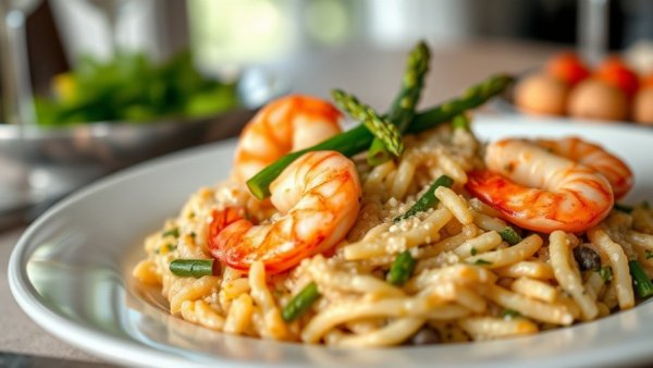 One Pot Risotto with Shrimp & Asparagus served in a white bowl.