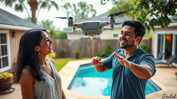 Zipline drone delivery in Houston backyard, couple excited.