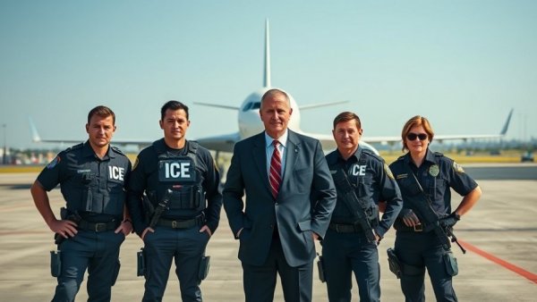 ICE agents with official discussing immigration enforcement policies on airport runway.