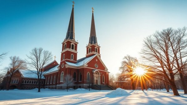 Snow-covered Minnesota church in warm sunset, tall steeple.