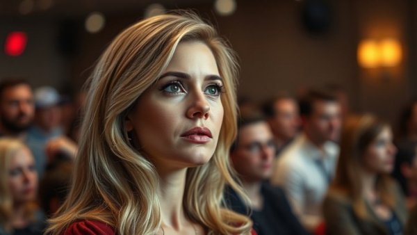 Focused woman attending event, related to anti-deepfake legislation.