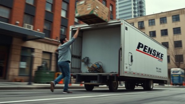 Penske moving truck in urban setting, Texas out-migration trends.