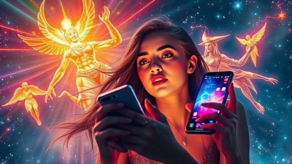 Surreal digital art of a woman with smartphone projecting AI voices of celebrities in a cosmic scene.