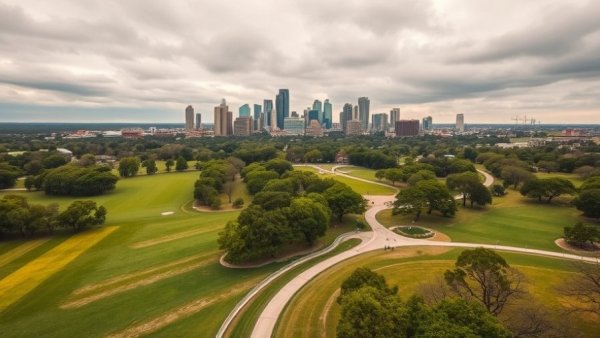 Aerial view of Austin park and skyline under cloudy sky.