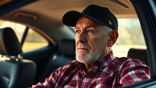 Older man in a car, missing adult assistance.