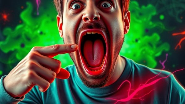Shocked man pointing at unhealthy liver, digital illustration