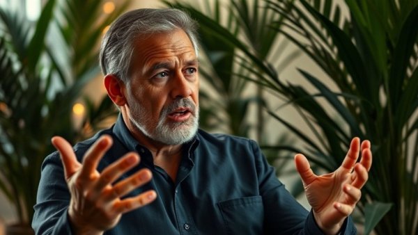 Man discussing COVID pandemic mistakes, indoor setting with plants.