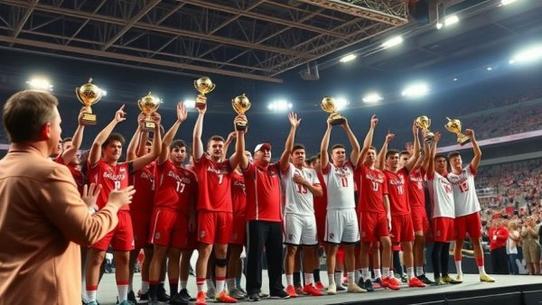 College Football All-Star Games athletes celebrating with trophies on stage.