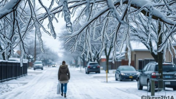Icy Texas street with branches and person, highlighting weather updates.
