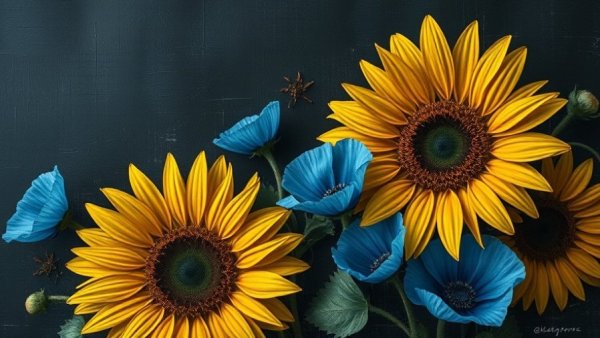 Alejandro Diaz Rooms and Places exhibition abstract floral art with sunflowers.