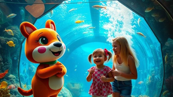 Animal Crossing aquarium tour scene with mascot in underwater tunnel.
