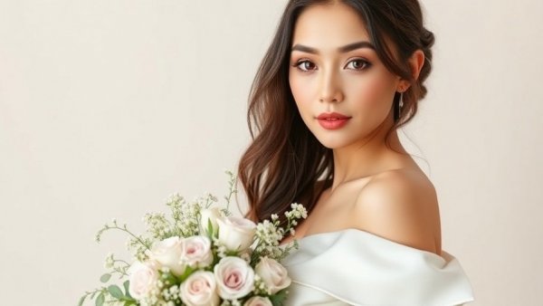Elegant woman holding bouquet in serene portrait.