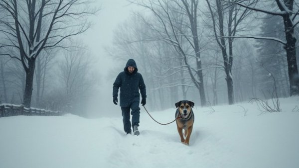Dramatic winter storm impacts 200 million Americans, person walks dog through snow.