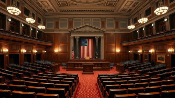 U.S. legislative chamber empty seats in official setting, U.S. government news