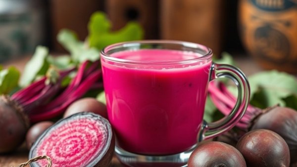 Vibrant hot pink protein latte with fresh beetroots on a wooden board.