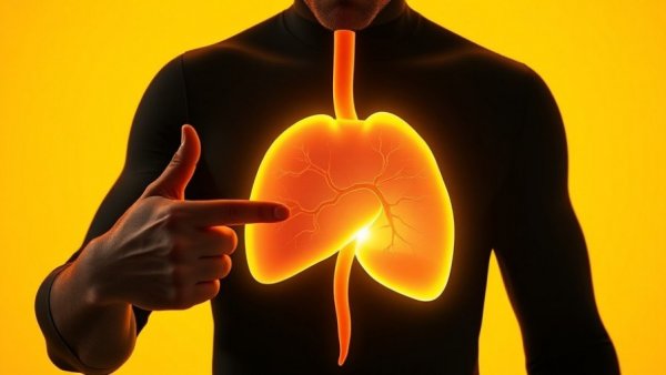 Surprised man points at liver health illustration on bright backdrop.
