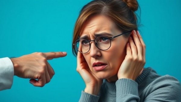 Woman with vertigo symptoms as someone points to her condition.