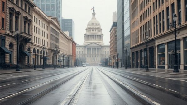 Central Texas winter weather closures causing snowy downtown scene.