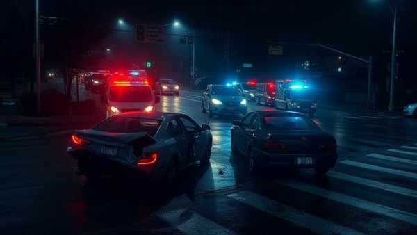 Pflugerville traffic crash scene at night with fog and emergency lights.