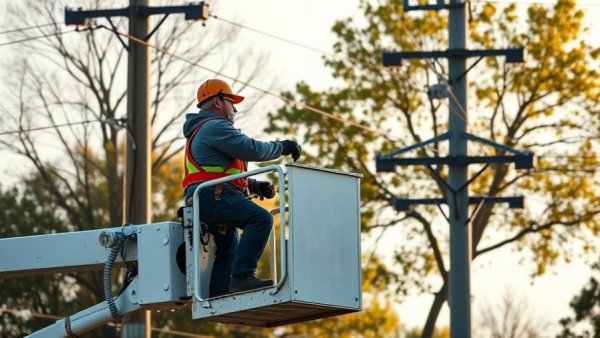 Utility worker in a bucket lift preparing for winter weather in Houston.